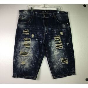 Red Ape Mens Jean Shorts Blue denim Distressed acid wash holes Size 40‎